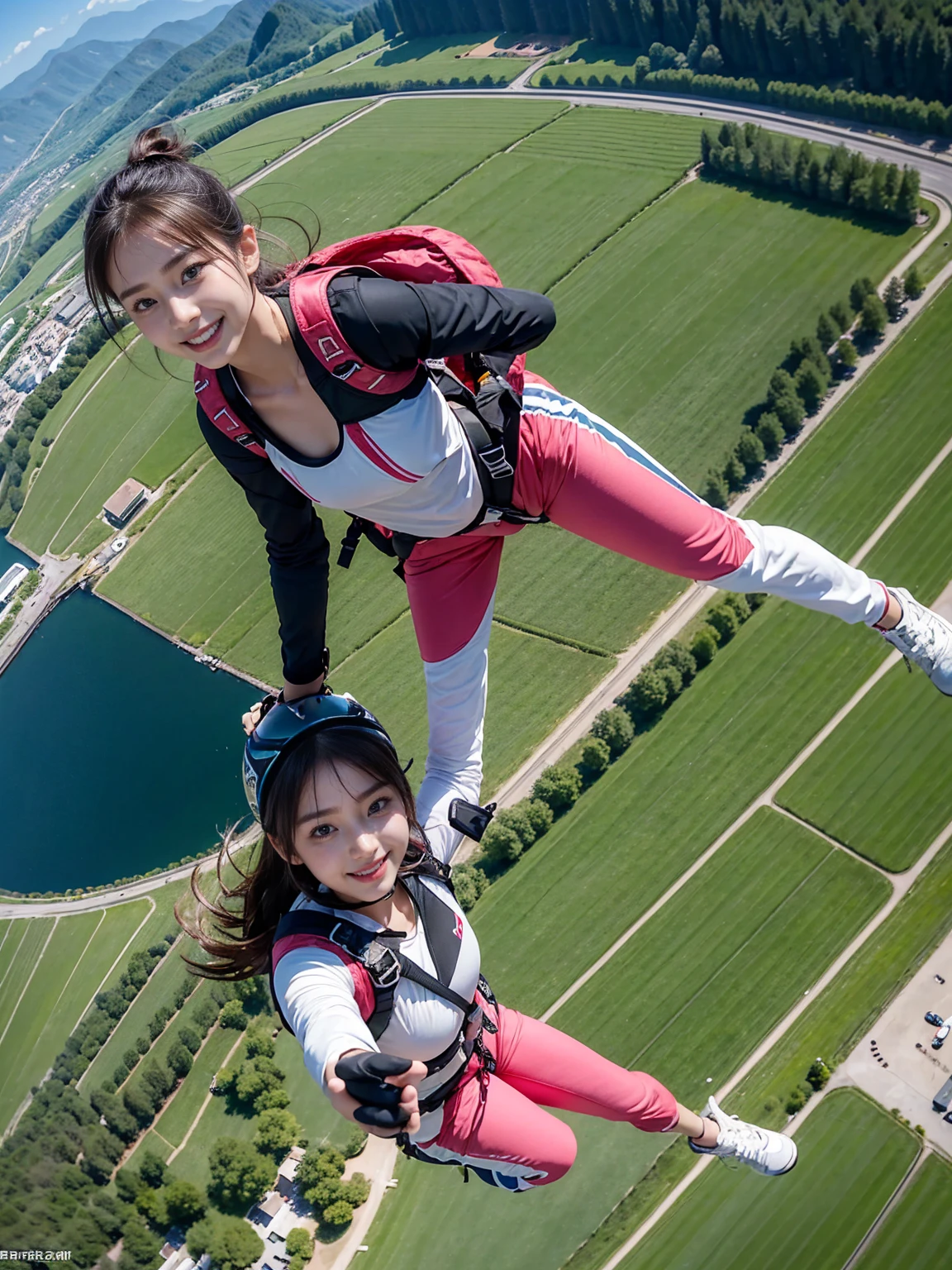 Beautiful 24 Years Korean Girl, Paragliding On switzerland alaps valley, ((On air)), ((Paragliding)), Solo, Air, Realistic, Ultra HD, 8k unity walpaper, Ray Tracing, Beautiful smile, (smile:1.2), (sports bra), (pink jeans), detailed background, Detailed skin, detailed dress , (Detailed paragliding), Real Paragliding, Landing time, Touching ground when landing paragliding, Low height on air, Pose jumping from a height, from below:1.3,(((1 girl)))