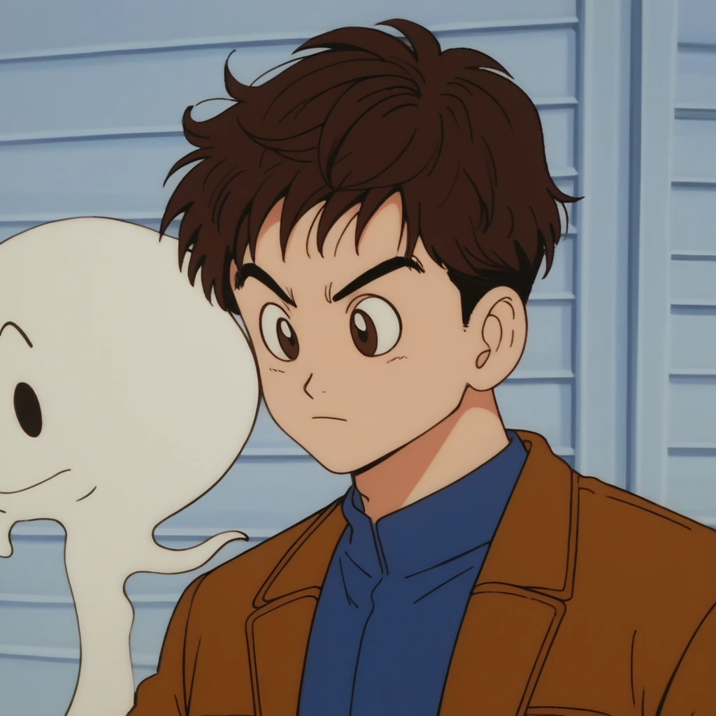 zPDXL, score_9, score_8_up, score_7_up, source_anime, 8k, absurdres, 1boy, drgbls1, robbye reyes, ghost rider comics, brown hair, brown eyes, jeans jacket, open jacket, black pants, face portrait, close up