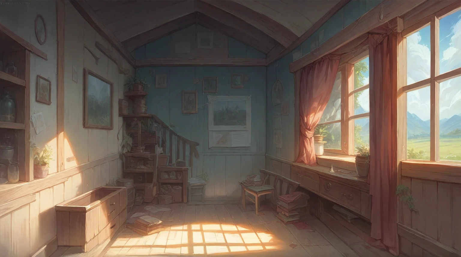 interior of house, morden style, sky, few cloud, realistic, high quality, masterpiece