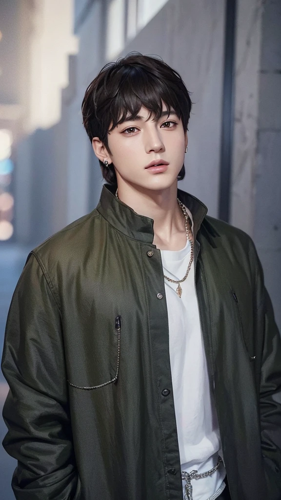 a beautiful detailed portrait of jeon jungkook, extremely detailed face and eyes, full body shot, handsome, gorgeous facial features, perfect skin, beautiful hair, stylish outfit, dynamic pose, cinematic lighting, dramatic colors, fantasy style, digital painting, highly detailed, photorealistic, 8k, best quality