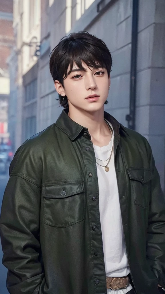a beautiful detailed portrait of jeon jungkook, extremely detailed face and eyes, full body shot, handsome, gorgeous facial features, perfect skin, beautiful hair, stylish outfit, dynamic pose, cinematic lighting, dramatic colors, fantasy style, digital painting, highly detailed, photorealistic, 8k, best quality