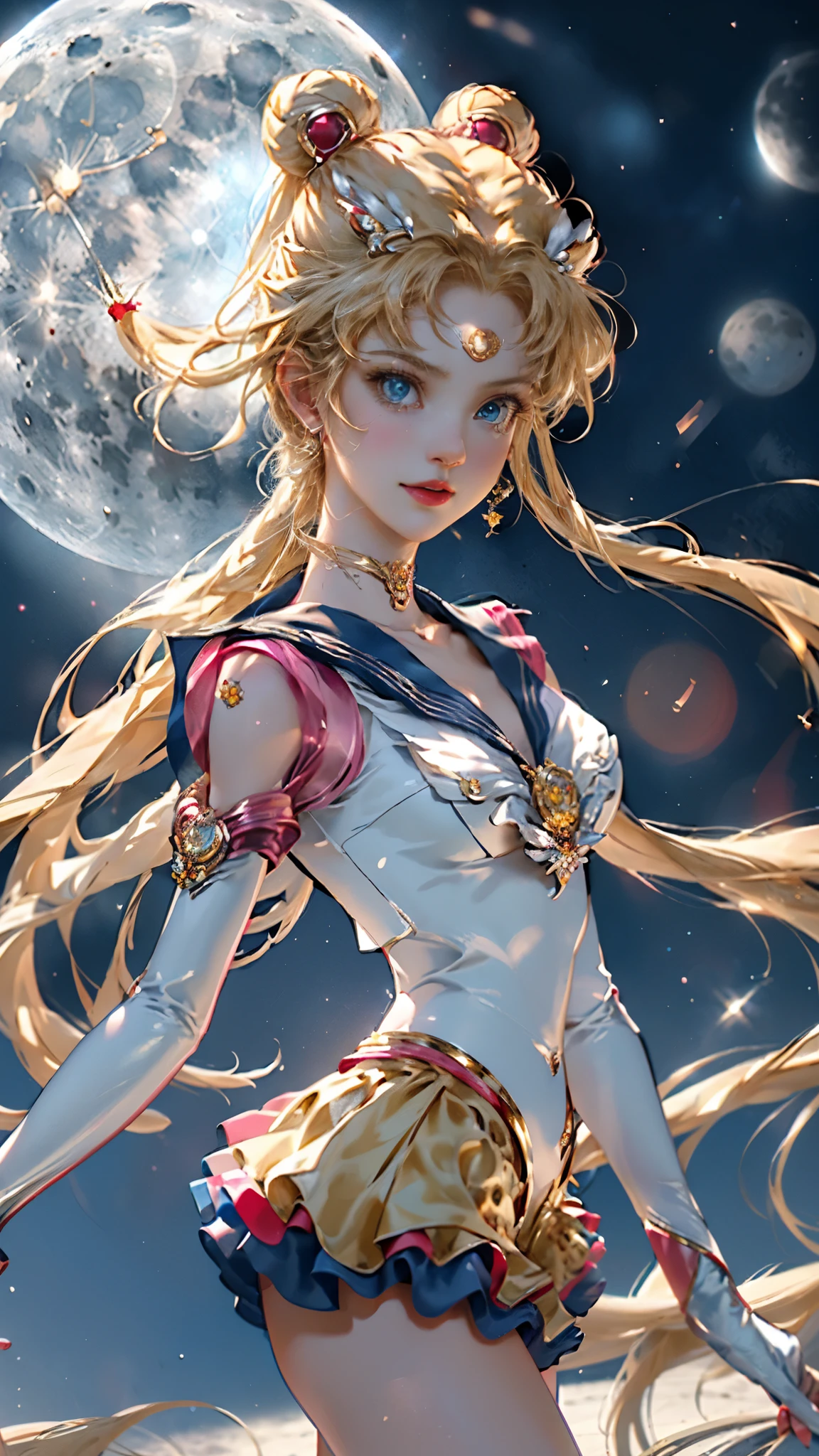 Masterpiece, Full: 1.3, Stand, 8K, 3D, Realistic, Ultra Micro Shooting, Top Quality, Extreme Detail CG Unity 8K Wallpaper, from below, intricate details, (1 female), 18 years old, (Sailor Moon supersailormoon mer1, Tiara, Sailor Senshi Uniform Sailor: 1.2, Sailor Moon: 1.2), Impossibly long bright twin-tailed blonde, thin and very long straight twin-tailed blonde, hair bun, red round hair ornament in a hair bun, Sailor Senshi uniform, (blue collar, blue sailor collar, blue pre-gate mini skirt: 1.3, very large red bow on the chest: 1.3, long white latex gloves: 1.3, red gloves on the elbows, Very large red bow behind the waist: 1.1, cleavage is looking large, golden tiara, earrings), (face details: 1.5, bright blue eyes, beautiful face, beautiful eyes, shiny eyes, thin lips: 1.5, thin and sharp pale eyebrows, long dark eyelashes, double eyelashes), luxurious golden jewelry, thin, thin and muscular, small face, big breasts, perfect proportions, Thin waist, sexy model pose, visible pores, seductive smile, perfect hands: 1.5, high-leg swimsuit, very thin and fit high-gloss white holographic leather, octane rendering, very dramatic image, strong natural light, sunlight, exquisite lighting and shadow, dynamic angle, DSLR, sharp focus: 1.0, Maximum clarity and sharpness, (space background, moonlight, moon, dynamic background, detailed background)