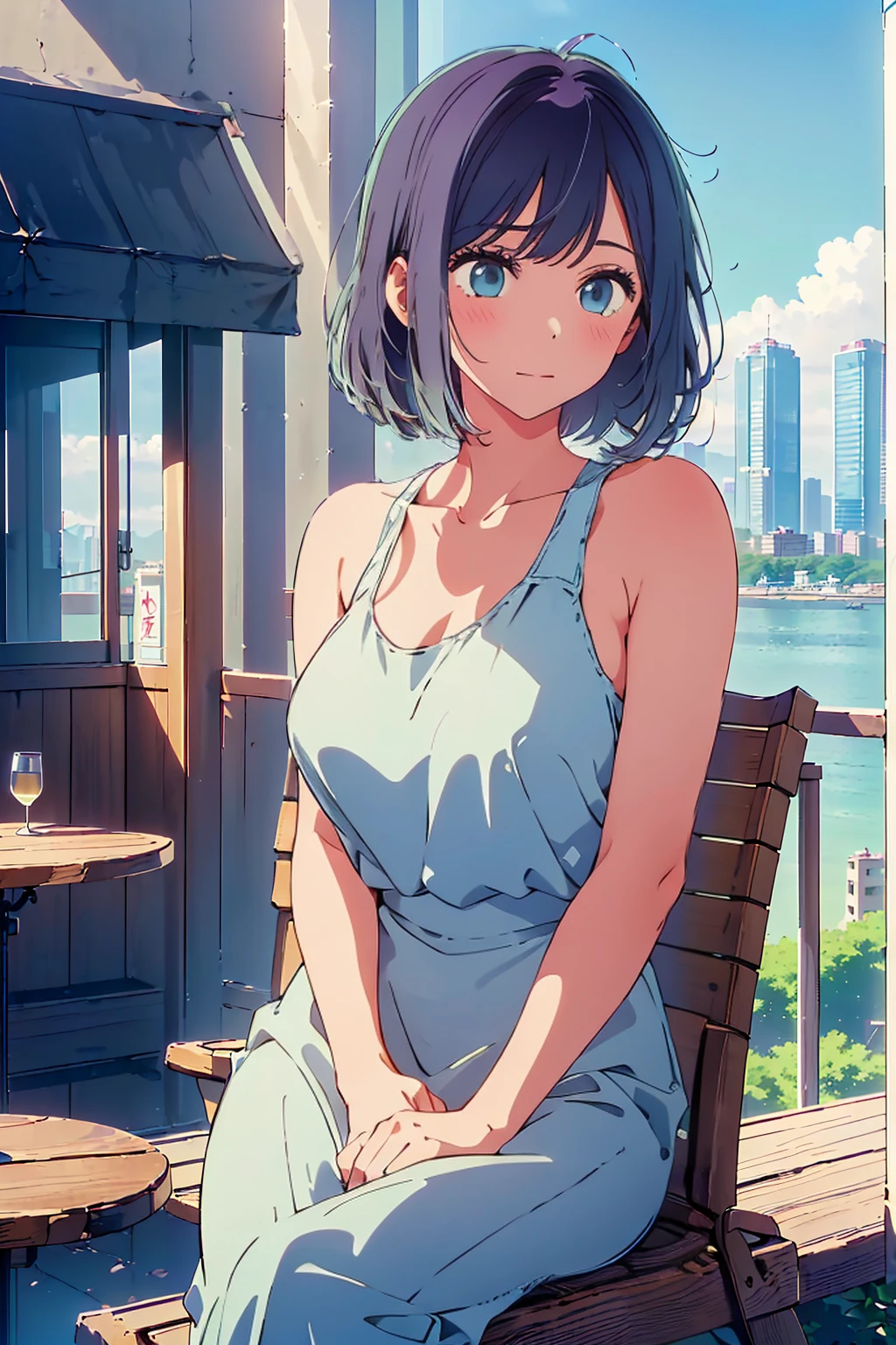 (Highest quality:1.4、masterpiece:1.4、Super detailed:1.4、Ultra-high resolution:1.4、8K:1.4)、Slim body、((((1 person、Surprised expression、sit、Chair、In the background are the urban buildings of Tokyo、looking at the camera、Outdoor café terrace、Navy hair color、juice、table、Very cute face))))、((((nude、very beautiful areola、valley))))、(Pose with hands tucked behind ears:1.4、Cheek resting on hand:1.4)、(Tank top)、Very blue sky、A completely cloudless sky