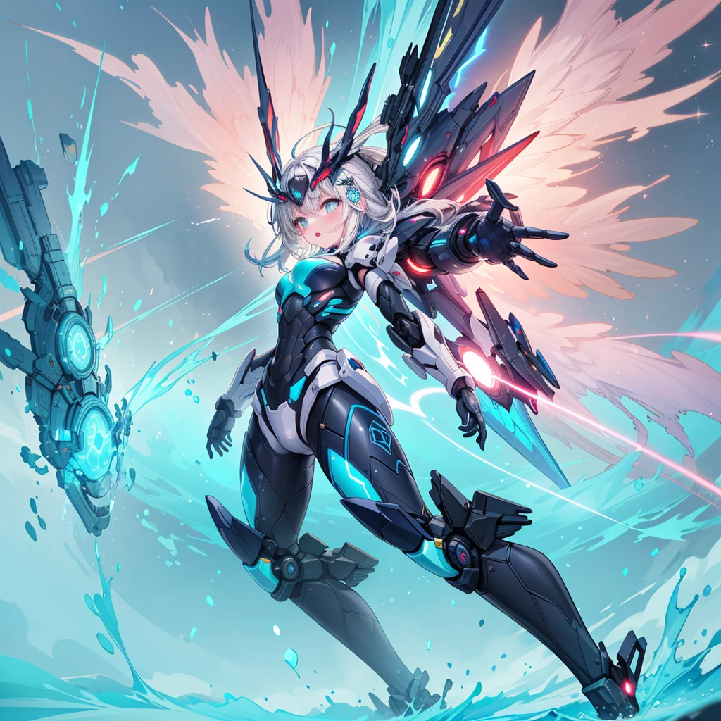 (masterpiece:1.2), best quality, high resolution, extremely detailed CG, absurdres, highres, 1girl, mecha girl, colorful light particles arounded, glitter, glowing wings, (((vivid color)))