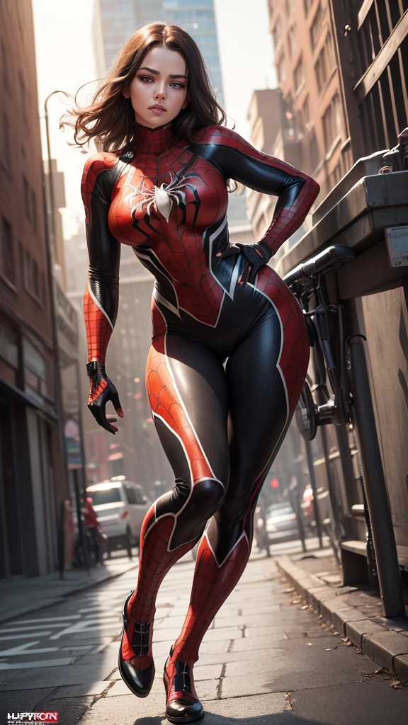 (huge breasts:1.0), (sharp focus: 1.5), (ultra detailed),(intricate details), ((Best quality, 8k)), (shiny skin:1.0), (oil skin:1.0), (masterpiece, best quality, highres, high resolution:1.5), (full body portrait:1.5), (Best quality, 8k, Masterpiece :1.3), (realistic, photorealistic: 1.37), (1girl:1.3), Solo, (((Very detailed face)))), ((Very detailed eyes and face)))), Beautiful detail eyes, Body parts__, Official art, Unified 8k wallpaper, Super detailed, beautiful and beautiful, beautiful, masterpiece, best quality, original, masterpiece, super fine photo, best quality, super high resolution, realistic realism, sunlight, full body portrait, amazing beauty, dynamic pose, delicate face, vibrant eyes, (from the front), She wears Spider-Man suit, red and black color scheme, spider, very detailed city roof background, rooftop, overlooking the city, detailed face, detailed complex busy background, messy, gorgeous, milky white, highly detailed skin, realistic skin details, visible pores, clear focus, volumetric fog, 8k uhd, DSLR, high quality, film grain, fair skin, photo realism, lomography, futuristic dystopian megalopolis, translucent, eyes looking at the camera,