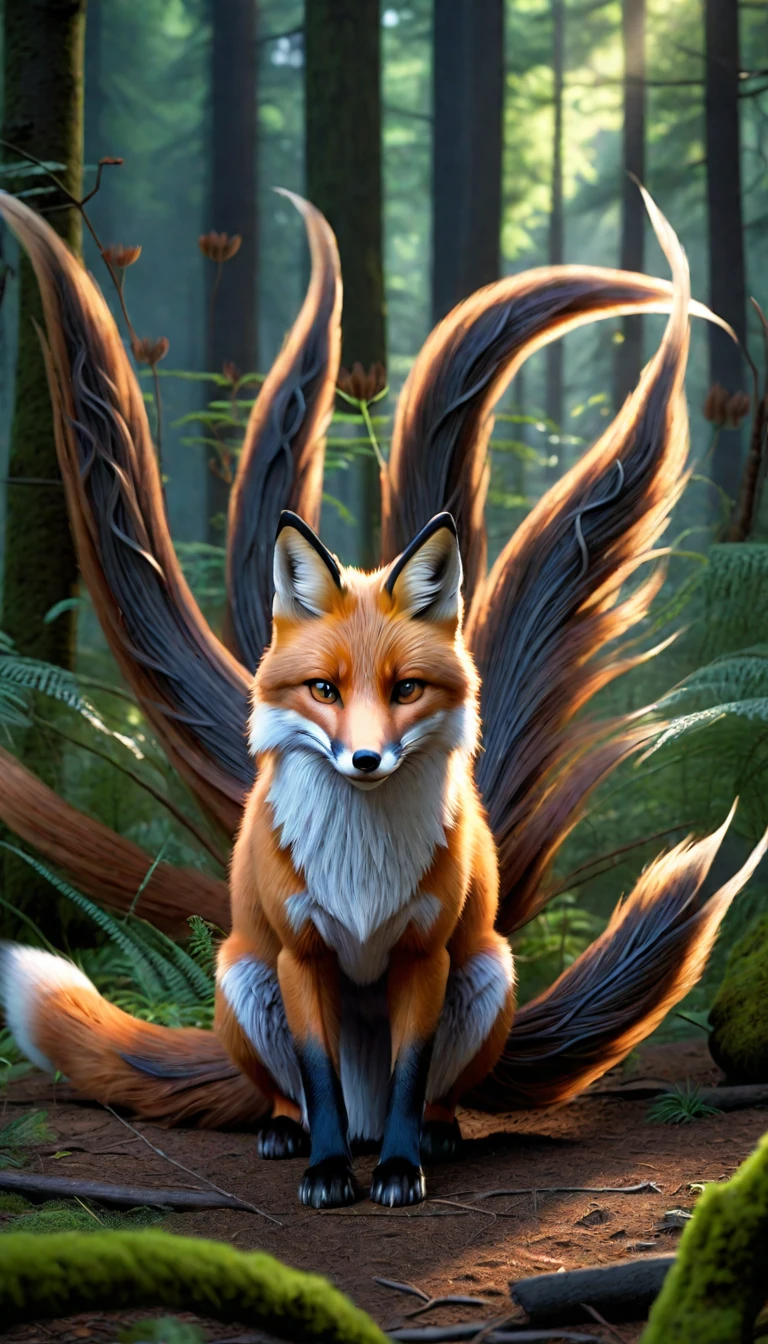 Panorama，A wild beast in the forest，Looks like a fox and has nine tails，Mysterious Creatures, shrike, (best quality，4K，8K，High level，masterpiece：1.2），Ultra Detailed，（lifelike，Photo real，Photo real：1.37），Highly detailed animals，Complex patterns，Realistic lighting，Fantasy Creatures