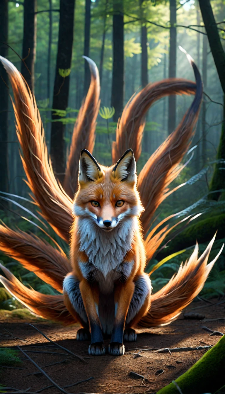 Panorama，A wild beast in the forest，Looks like a fox and has nine tails，Mysterious Creatures, shrike, (best quality，4K，8K，High level，masterpiece：1.2），Ultra Detailed，（lifelike，Photo real，Photo real：1.37），Highly detailed animals，Complex patterns，Realistic lighting，Fantasy Creatures