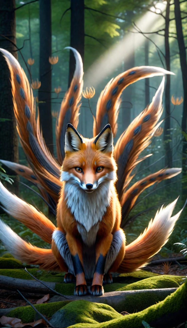 Panorama,A wild beast in the forest,Looks like a fox and has nine tails,Mysterious Creatures, shrike, (best quality,4K,8K,High level,masterpiece:1.2),Ultra Detailed,(lifelike,Photo real,Photo real:1.37),Highly detailed animals,Complex patterns,Realistic lighting,Fantasy Creatures
