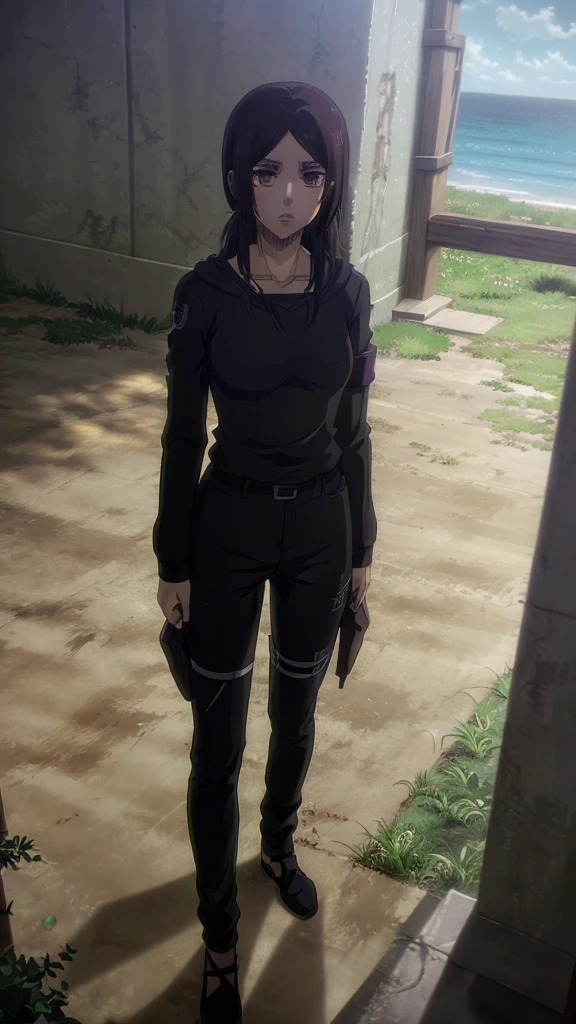 Make a girl tall 6'2,Hair black mix Brown,Eyes color Havel, Skin pale, Survey Corps shirt and pants season 4,Odm gear modern anime grab sword, and eyes bags ,Wall maria background
, Paradise girl