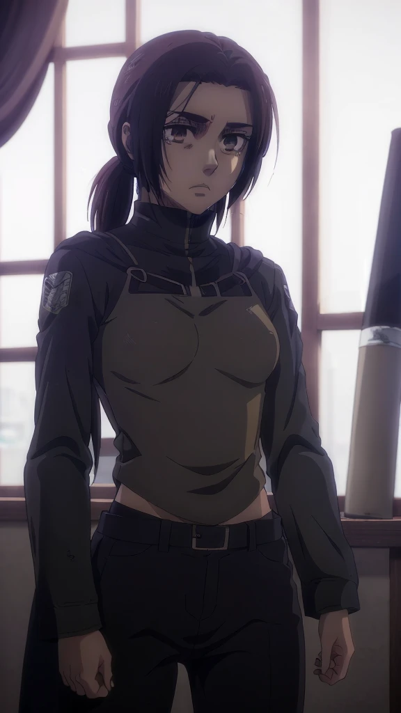 Make a girl tall 6'2,Hair black mix Brown,Eyes color Havel, Skin pale, Survey Corps shirt and pants season 4,Odm gear modern anime grab sword, and eyes bags ,Wall maria background 
, Paradise girl 