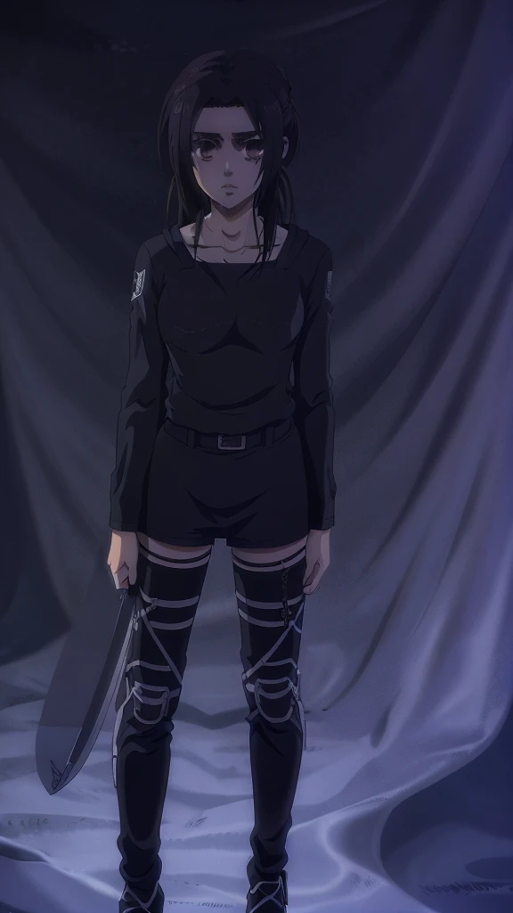 Make a girl tall 6'2,Hair black mix Brown,Eyes color Havel, Skin pale, Survey Corps shirt and pants season 4,Odm gear modern anime grab sword, and eyes bags ,Wall maria background
, Paradise girl
