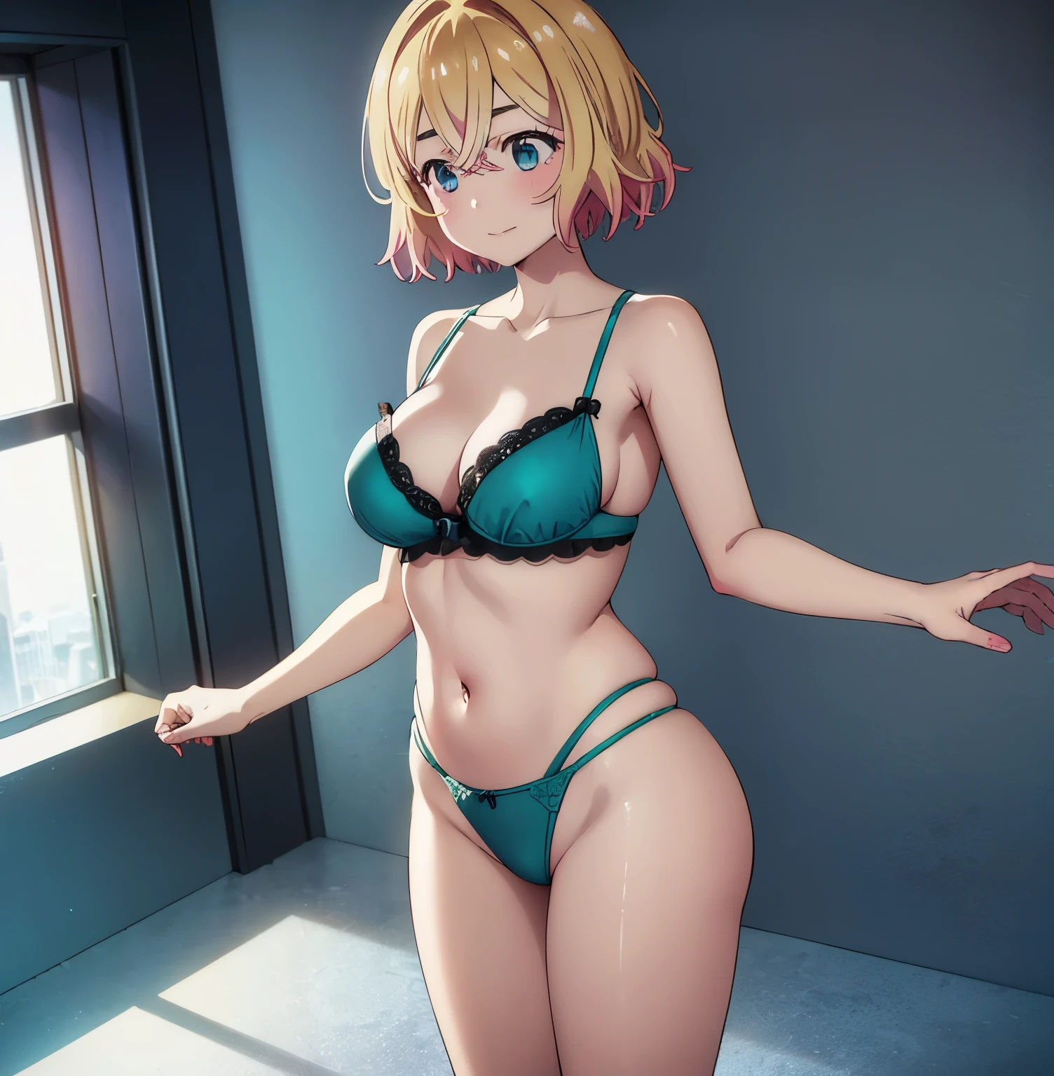 ((1girl)),((solo)), mami nanami, ultra detailed, sharp focus, detailed background, detailed eyes, masterpiece, dynamic posture, curvy body, perfect fingers, cowboy shot, hands on waist, looking at spectator, short hair, aqua eyes, blonde hair, hair between the eyes, medium breasts, narrow waist, wide hips, wide thighs, ((green lingerie, one-piece lingerie, exposed navel, exposed arms, exposed legs)), ( (alone)),((standing, interior, hotel room, room, windows, cityscape, Japanese city, good lighting, night, moon)), blush, seductive expression, smile, mouth closed, looking forward,( (focus on breasts)), pov (from above), perfect anatomy, perfect hands