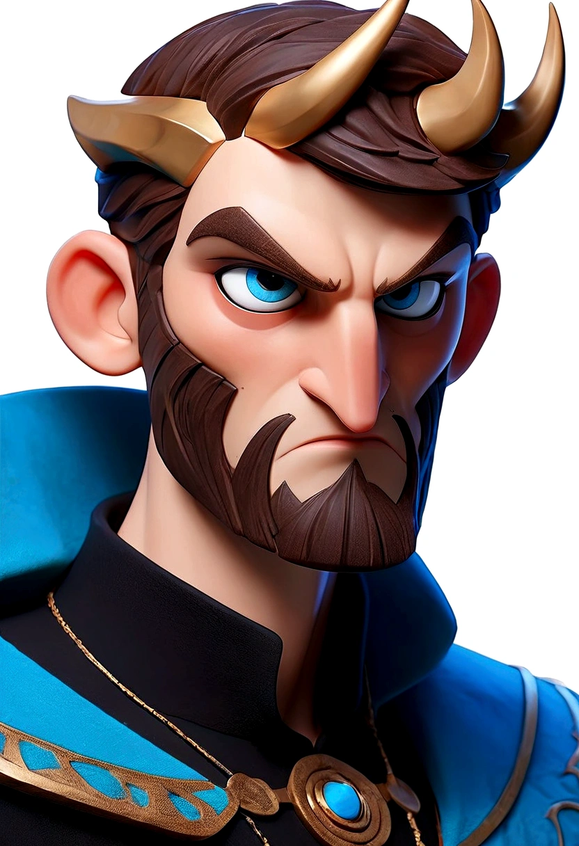 (man in half mask)(blue color)(blue eyes) brown hair)(blue horns)(Dressed in black)