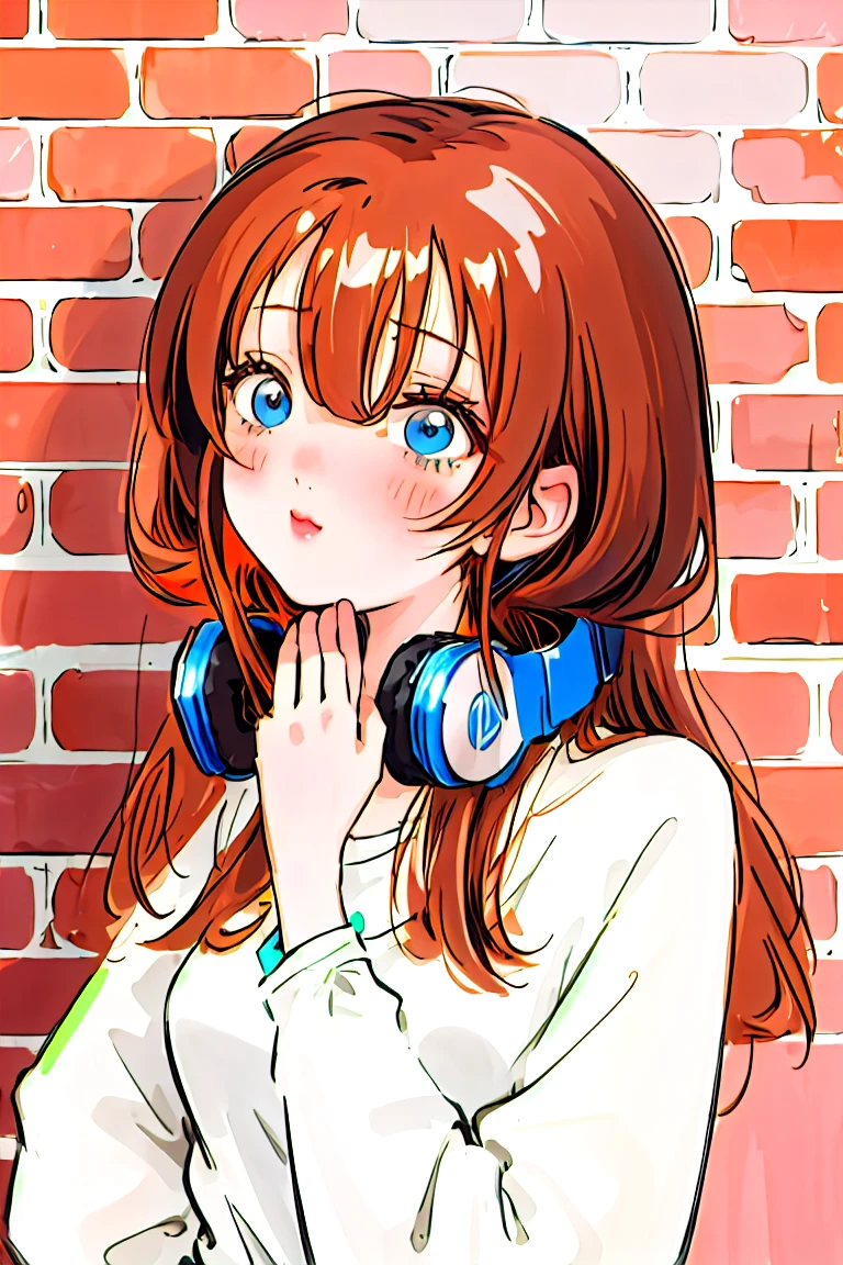 best quality, masterpiece, highres, solo, {nakano_miku_gotoubunnohanayome:1.15}, long_hair, brown_hair, bangs, hair_between_eyes, blue_eyes, headphones_around_neck, headphones, blush, closed_mouth, shiny_hair, 1girl, open_mouth, shirt, upper_body, white_shirt, breasts, brick_wall, long_sleeves, shiny