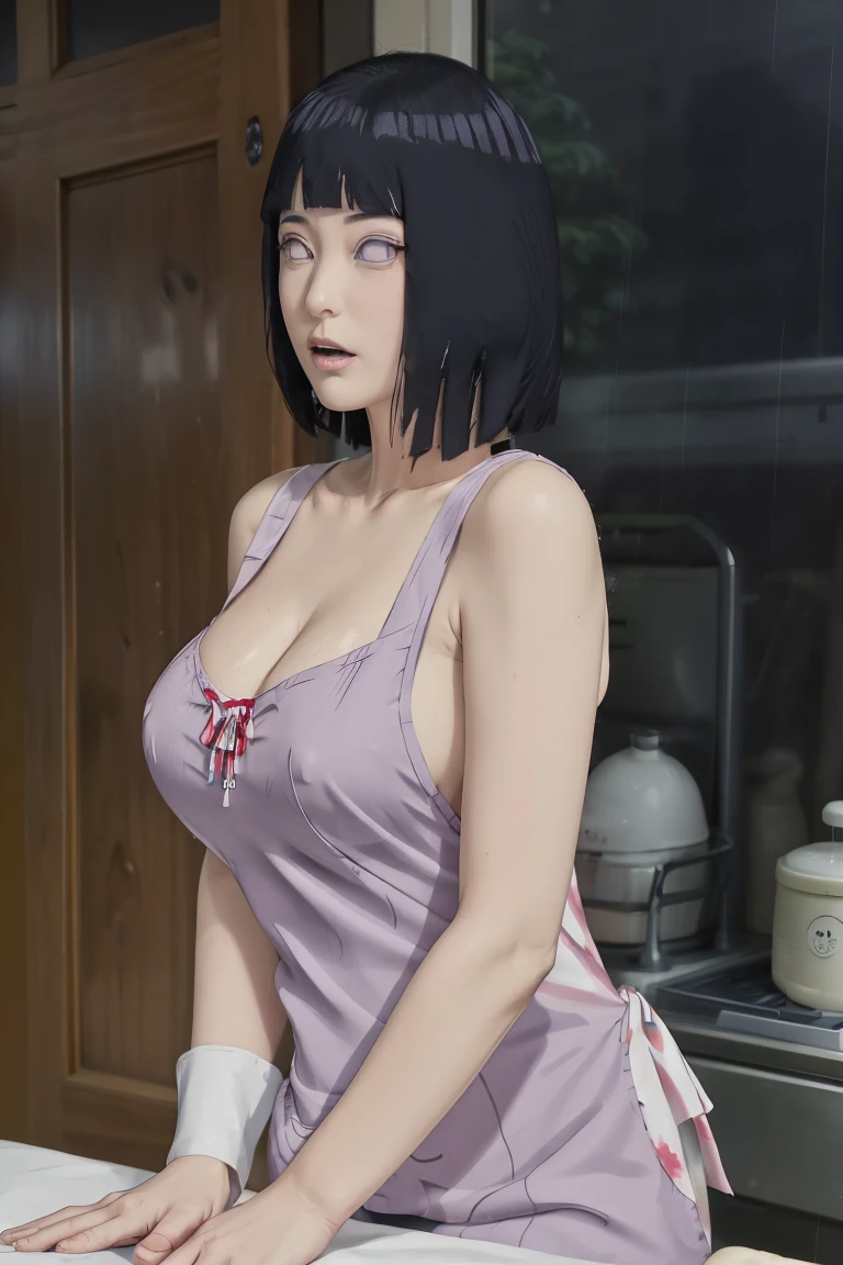 Made, absurderes, Hinata\(Boruto\), 1girll, Solo,Mature female, view the viewer,Perfectcomposition, Detailed lips, big breast, Beautiful face, body propotion, Blush, Long hair, Purple eyes, Soft Gaze, Sticky Liquid In the mouth, Sticky Liquid in the Breast, Super realistic, Detailed, photoshoot, Realistick faces and bodies，（perspire，Sweat a lot，Blushlush，Be red in the face，Blushlush），（Bigboobs），Outdoors，Stand at the door of the phone booth，natta，raining day, ((apron)), ((cleavage)), sideboob