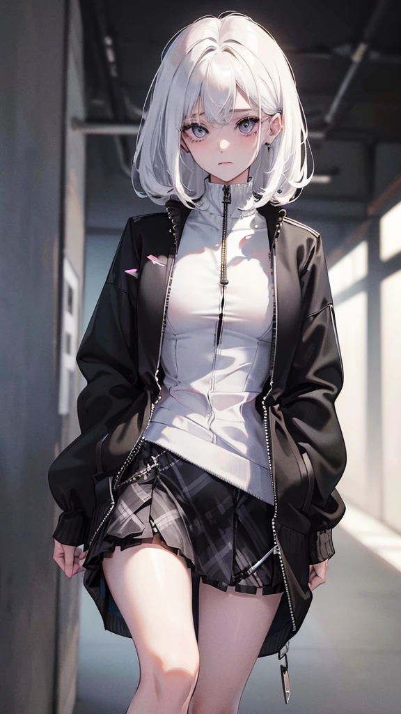 Photograph of the upper body of a beautiful woman, , [see through](white shirt:1.47),(Black plaid knee-length skirt:1.47),(Black sweater with open zip:1.47) big breasts, (small waist, perfect body), earring, Sharp focus, (tall body, mature woman), ((Looking ahead)), (Highly detailed skin, hair follicles:1.4,white skin) (long white hair,purple eyes) wear glasses, Looks embarrassed.