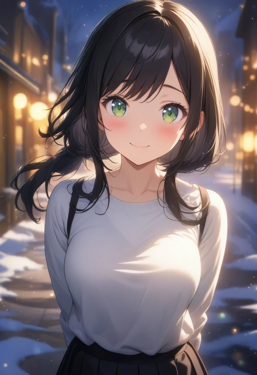 1girl, solo, official art, black hair, green eyes, smile, attractive, looking at viewer, pony tail, side bangs, medium breasts, black pleated skirt, white shirt, hands behind back, raised eyebrows, expressive, smile, outdoors, scenery, best quality, masterpiece, (very aesthetic, best quality, ultra detailed), light particles, snow, moonlight, street, blush, swept_bangs, close-up, straight-on, light particles, centered, bokeh background, style
