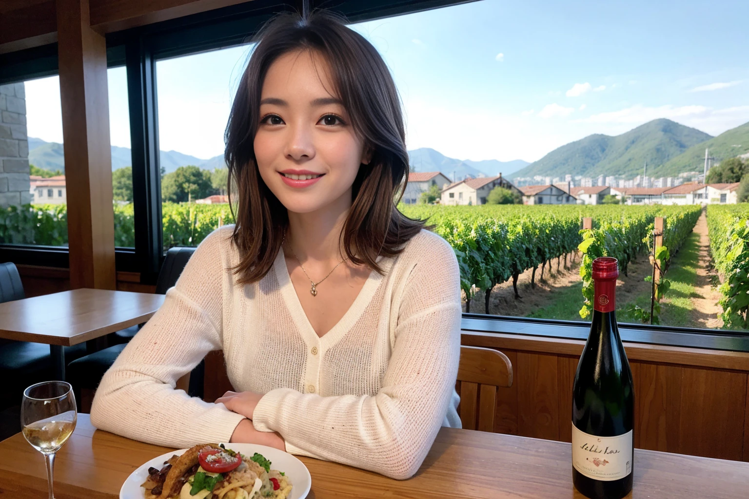 ((Highest quality、8K、masterpiece:1.3))、1 male、1 woman who resembles Satomi Ishihara、Couple、spouse、Couple、The body is slim、((Bob Hale、Straight hair:1.2)), (Realistic, Intricate details:1.2), テーブルの上のwine glass、Shine light on your face、 Amazing view of the sunset sky and clouds、Amazing mountain views、A bright smile、The wonderfulness of smile、Bright image、The beauty of wine, Beautiful Face, blue eyes, The light shines on your face, Blushing, short hair,Bright Face、42 years old), 39 years old, red wine 、Appetizers、Italian food、Wine bottle、Champagne、sparkling wine、Two beauties、Brown Hair、Shortcuts、Long sleeve shirt、dress、Beautiful woman 1, (slimな顔), (The body is slim), (Brown Hair), (Shortcuts), cheeks turn a little red,Attractive beauty、restaurant, In a prominent place (From the waist up) Nova Frog Style, actress, model, Upper Body, White wine, slim, wine glass, 中央に置かれたwine glass, smile, (smile: 1.15), Beautiful fine grain, Depth f/2,saturation, High Contrast, Strong light and shadow,Moist Body:1.5、3D texture、Delicate eyes、Brown Hair、The hair is very shiny、
