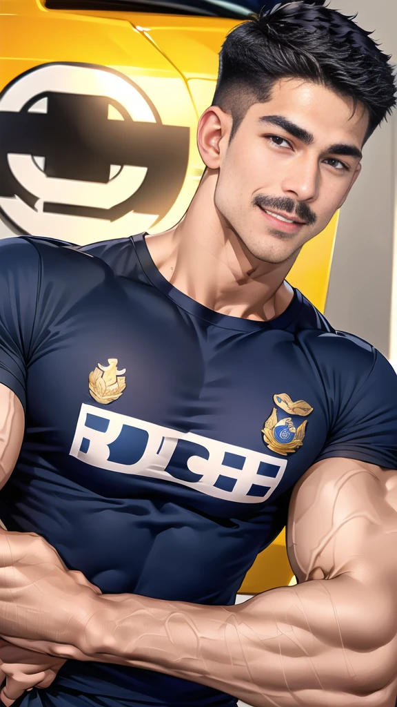 (handsome Man),(Thin mustache:1.1),(crew cut short hair:1.5),black eye, (navy blue tight-fitting round neck short sleeve T-shirt:1.3),(Police badge:1.3),navy blue cargo pants,(navy_gloves:1,3), Korean guy,chest muscles,large arm muscles,blood vessel,Big muscles,Broad shoulders,(open mouth:1.2),(face up:1.2),(open eyes:1.5),middle of the road,smile,(City town:1.4)
