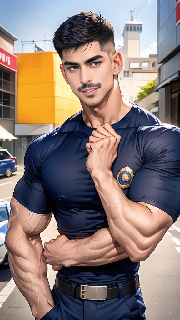 (handsome Man),(Thin mustache:1.1),(crew cut short hair:1.5),black eye, (navy blue tight-fitting round neck short sleeve T-shirt:1.3),(Police badge:1.3),navy blue cargo pants,(navy_gloves:1,3), Korean guy,chest muscles,large arm muscles,blood vessel,Big muscles,Broad shoulders,(open mouth:1.2),(face up:1.2),(open eyes:1.5),middle of the road,smile,(City town:1.4)