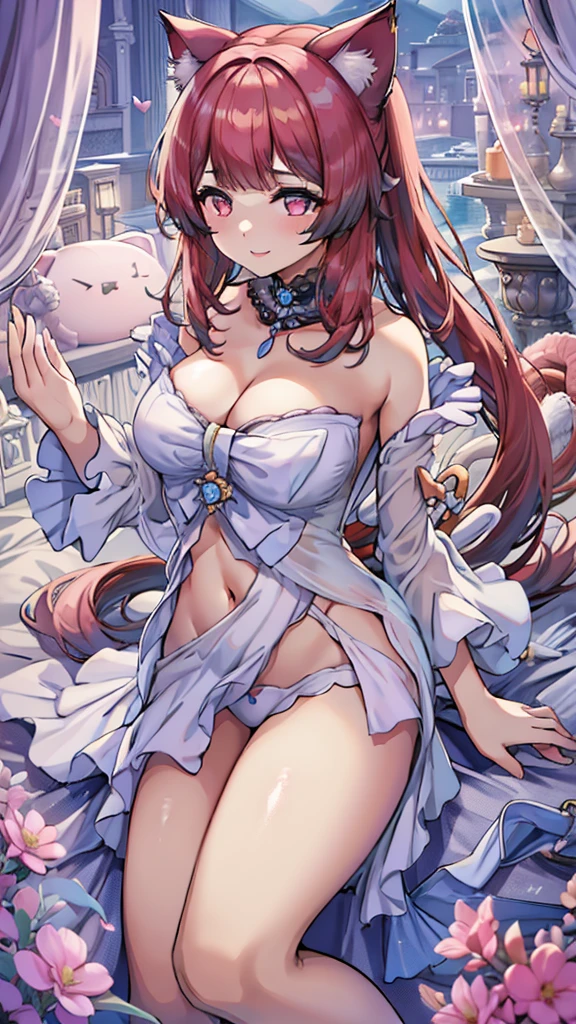 Masterpiece、Highest quality、Super detailed、1 girl、(Big Tits)、Fluffy and soft long hair、Red-pink eyes、Cleavage、(The underboob is visible)、smile、Too big breasts、Cat ear、negligee、bed
