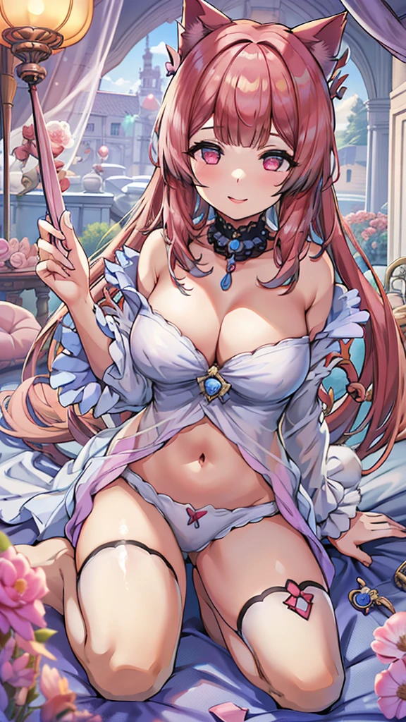 Masterpiece、Highest quality、Super detailed、1 girl、(Big Tits)、Fluffy and soft long hair、Red-pink eyes、Cleavage、(The underboob is visible)、smile、Too big breasts、Cat ear、negligee、bed