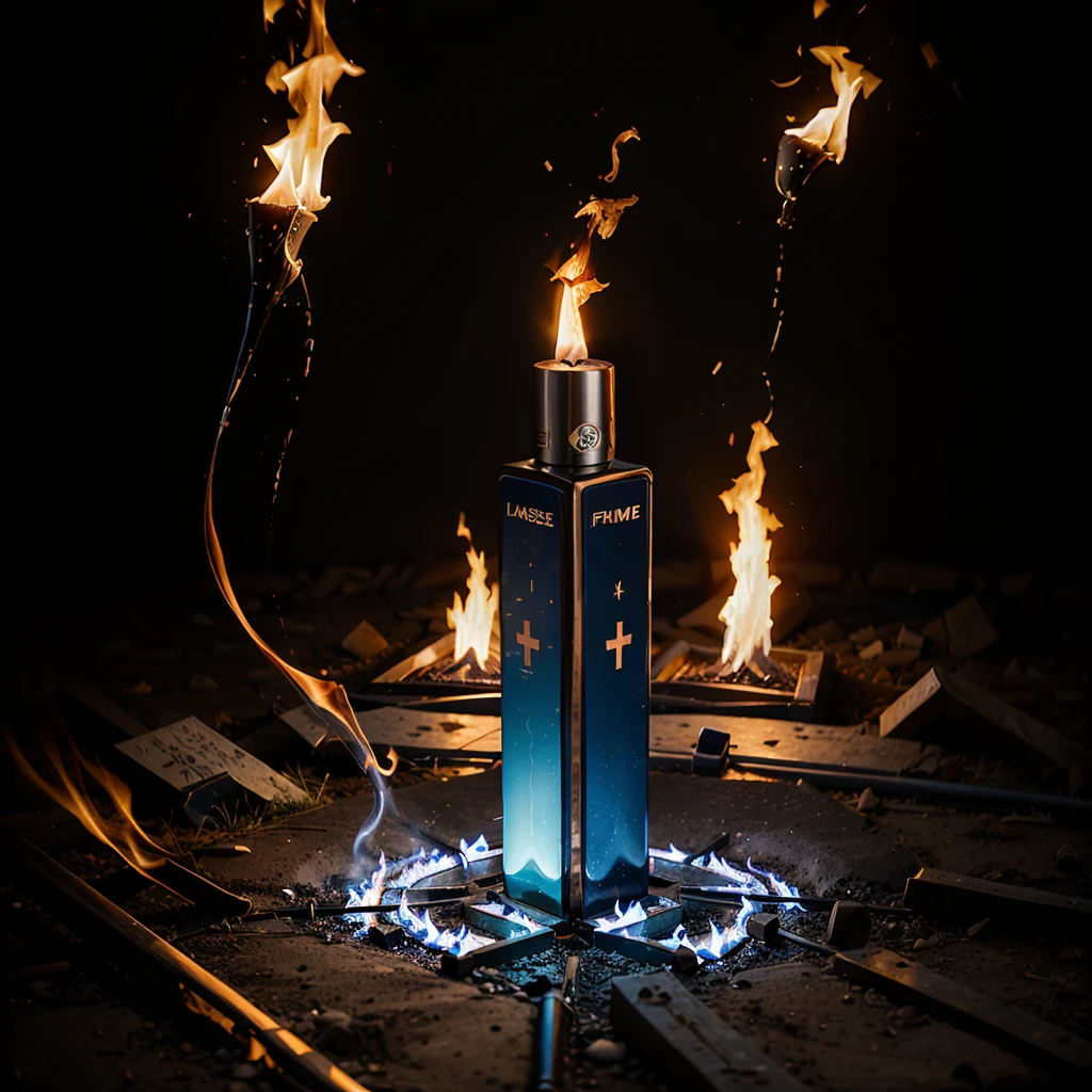 Blue fire flame with a cross in the middle brand logo