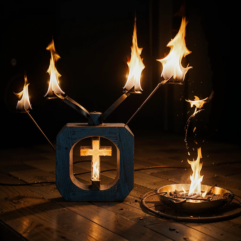 Blue fire flame with a cross in the middle brand logo