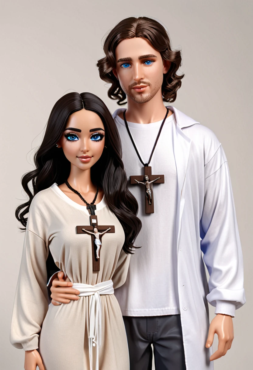 Create a couple made up of a woman with dark hair, light skin, blue eyes and Arabic features wearing novice clothes with a crucifix around her neck, and a white man with short wavy dark hair, light skin, brown eyes and white clothes with objects of Umbanda facing each other realistic