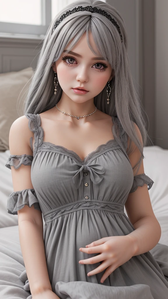 (Realistic drawing style:0.9), Masterpiece, best quality,  nonsense, look at viewer, alone, (gray babydoll:1.5),  Bronya Seychik, red student, big breasts, long hair, gray hair, smooth, gray eyes, earring, piercing hair, hair between the eyes, hair accessories, (Baby Doll:1.3), see through, bed, expressionless