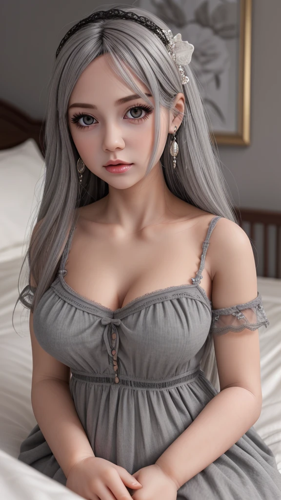 (Realistic drawing style:0.9), Masterpiece, best quality,  nonsense, look at viewer, alone, (gray babydoll:1.5),  Bronya Seychik, red student, big breasts, long hair, gray hair, smooth, gray eyes, earring, piercing hair, hair between the eyes, hair accessories, (Baby Doll:1.3), see through, bed, expressionless