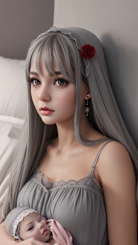 (Realistic drawing style:0.9), Masterpiece, best quality,  nonsense, look at viewer, alone, (gray babydoll:1.5),  Bronya Seychik, red student, big breasts, long hair, gray hair, smooth, gray eyes, earring, piercing hair, hair between the eyes, hair accessories, (Baby Doll:1.3), see through, bed, expressionless