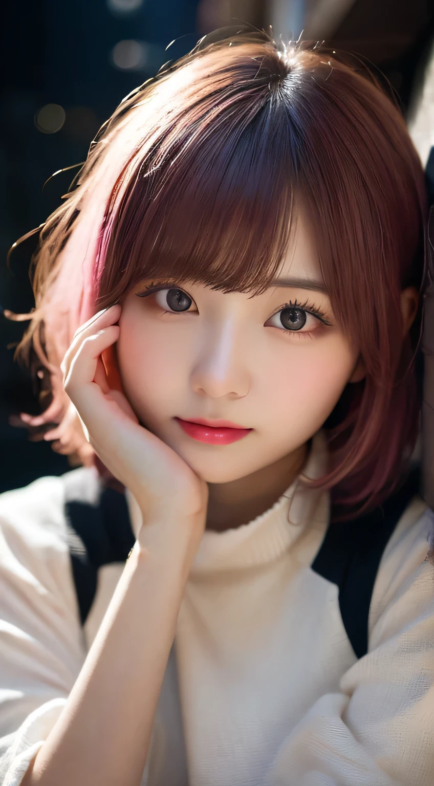 Pianfei, Highest quality, figure, Very detailed, Exquisite detail, High resolution, 8K,wallpaper, Perfect dynamic composition, Beautiful and delicate eyes, Black camisole,Bob Short Hair、Pink Hair Color,Natural color lips, Bold gesture,I want to give a slightly different perspective,Harajuku Style、20-year-old girl、Cute type、Looking up at the camera、In a dark room