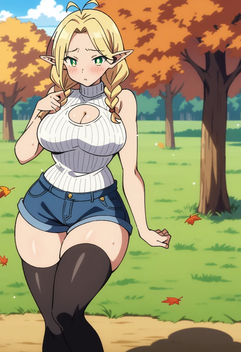 (anime art style), masterpiece, best quality, very aesthetic, absurdres, dynamic shadows, atmosferic, marcille donato, ((1girl)), antenna hair, blonde hair, long hair, braid, twin braids, parted bangs, green eyes, pointy ears, curvy body, large breasts, sexy, cleavage, white sneakers, turtleneck sweater, striped sweater, white sweater, cutout on cleavage, micro shorts, denim shorts, black thighhighs, bare arms, borrowed, embarrased, intense blush, ((feet out of frame)), (from front), (grass), (afternoon), (autumn), (trees), (clouds), (looking at viewer:1.0)