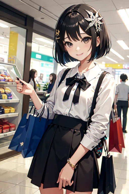 Black Hair、Iris、Medium Bob Cut、Girl、cute、high school 、Dress code: Casual、smile、、Small breasts、The background is a shopping mall、Small hair ornament、