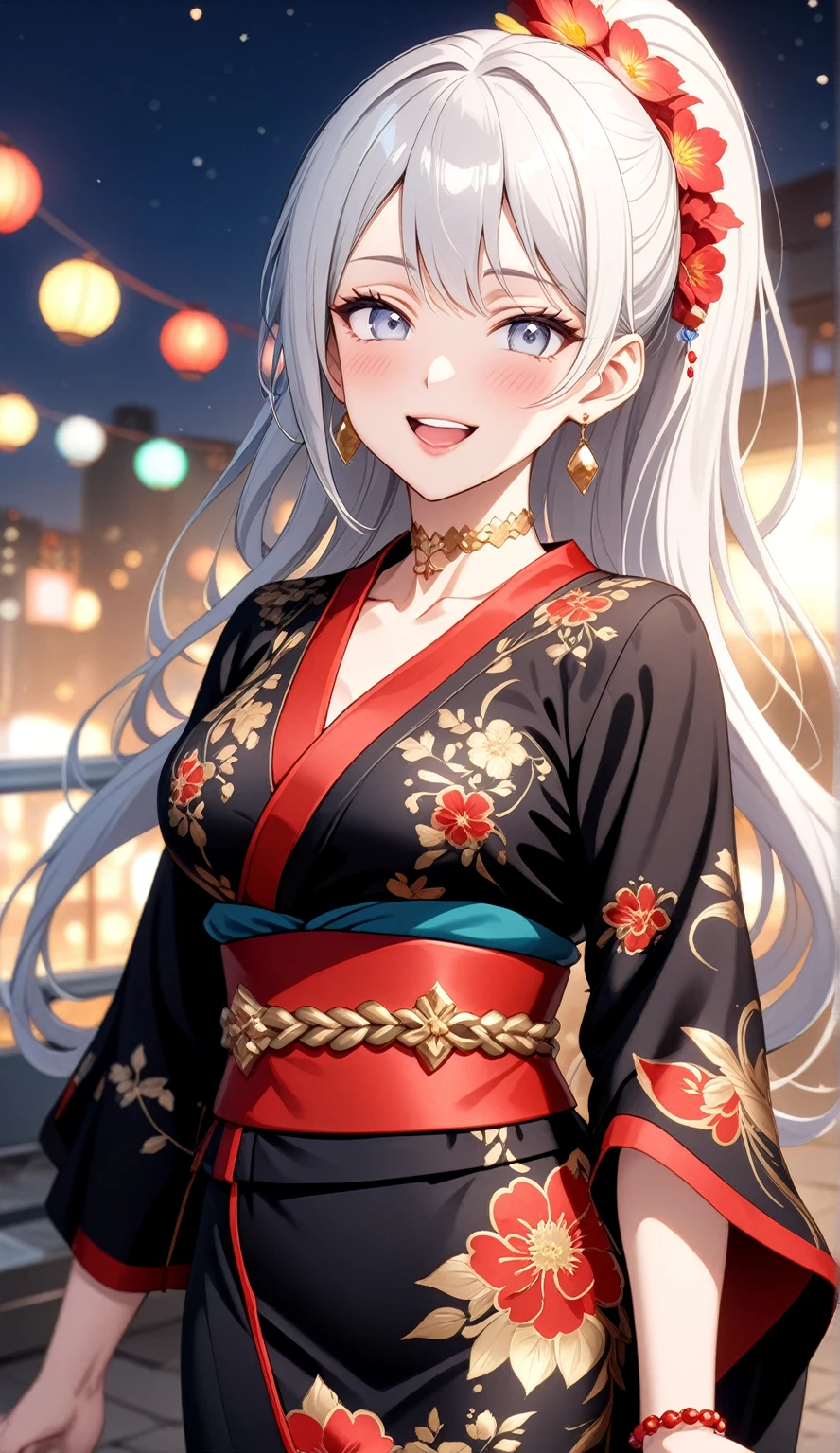 ((One personの女性)), Beautiful Face, (Laughing embarrassedly), (laugh:1.2),((Wink:1.9)), (head tilt:1.3), Laugh with your mouth wide open, upper teeth, ((Bright red cheeks:1.4)),Glossy Red Lips,rooftop, firework, Shining Face, ((Anime style background)),masterpiece, Highest quality, so beautiful,up to date, Complex details, (Pink long nails),(ring),(bracelet),(Floral choker),AI-generated, Complex,High resolution, Highest quality, super high quality,3D Images、3D Images,One person,Long white hair,High Ponytail, Anime woman posing for a photo,(blue eyes), ((Fine grain、Silvery white colorful eyes、Shining Eyes:1.35)), (Squint your eyes:1.1),a hyperRealistic , hyperRealistic , Realistic,Anime woman with long white hair, Smooth anime CG art, A woman in a colorful kimono with gold embroidery, (Black long sleeve kimono),Red floral pattern,Long flower hair ornament,Earrings,Mature Body,(Big Breasts:1.1),Tall,Abdominal muscles,Tight waist,(Zoom up to face:1.4), ((front view)),