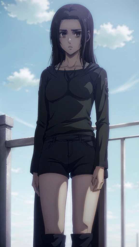 Make a girl tall 6'2,Hair black mix Brown,Eyes color Havel, Skin pale, Survey Corps shirt and pants season 4,Odm gear modern anime grab sword, and eyes bags ,Wall maria background 
, Paradise girl 