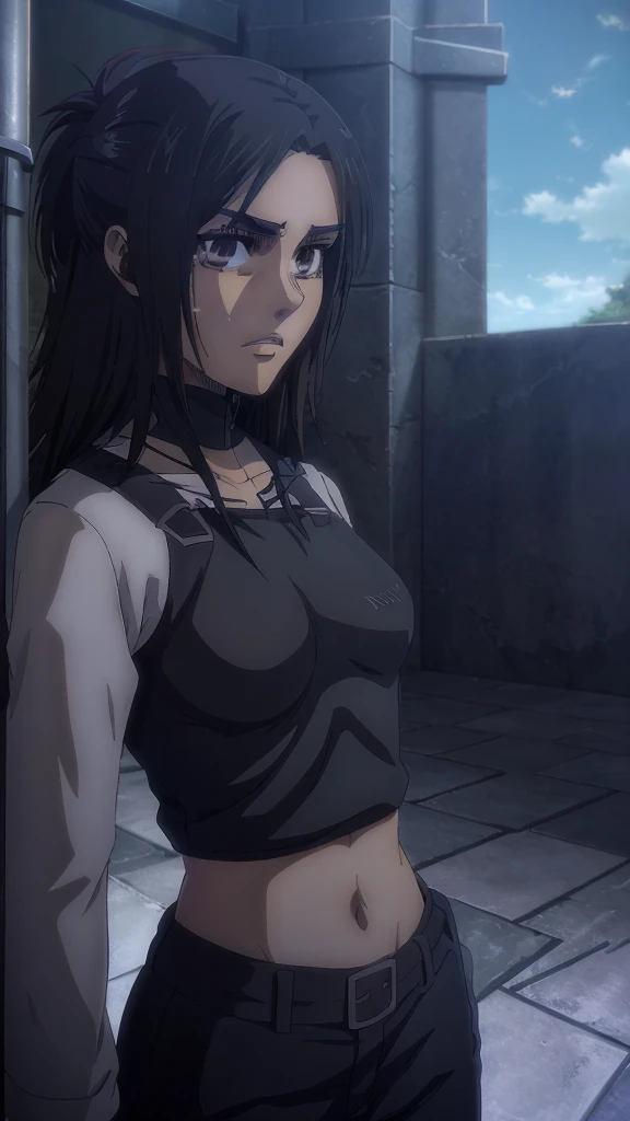 Make a girl tall 6'2,Hair black mix Brown,Eyes color Havel, Skin pale, Survey Corps shirt and pants season 4,Odm gear modern anime grab sword, and eyes bags ,Wall maria background 
, Paradise girl 