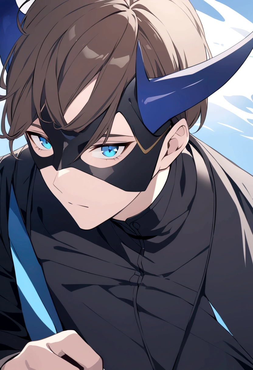 (man in half mask)(blue color)(blue eyes) brown hair)(blue horns)(Dressed in black)