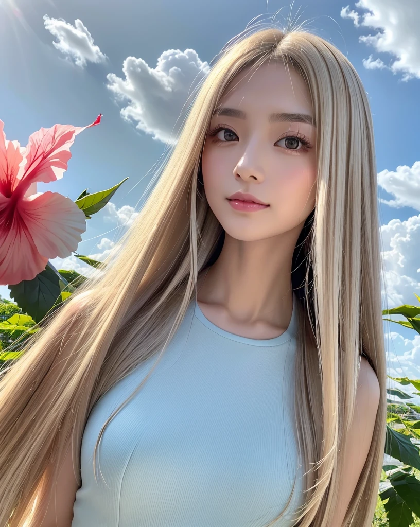 (Highest quality, 32k, High resolution, Masterpiece:1.5, ), marimo_jet, god々A photograph with brilliant dazzling and healing power., Evoking a sense of calm and elusive beauty, Expressing emotions, Have a rich imagination,Beautiful Japanese Girls, An exceptionally beautiful face, ((Full body shot from below:1.4)), Small Face Beauty, Perfect Human ???????, Magical big eyes, Motherhood and generosity, Deep Love, A fleeting smile, ((Shiny ash beige hair:1.4)), Super Long Straight Silk Hair, Asymmetrical bangs, Hair between the eyes, Transparent, soft white skin, Sharp eyebrows, Thin lashes, Natural Makeup, Cheek highlighter, Pale pink detailed lips, ((Light blue thin camisole:1.3)), High resolutionの完璧な鎖骨, High resolutionの美しい胸元, Slim figure with ample breasts, High resolutionの美しい太もも, ((Detailed blue sky and clouds in summer:1.2)), ((Beautiful Hibiscus:1.3)), Professional Lighting, Professional photographer, Professional models, god秘的