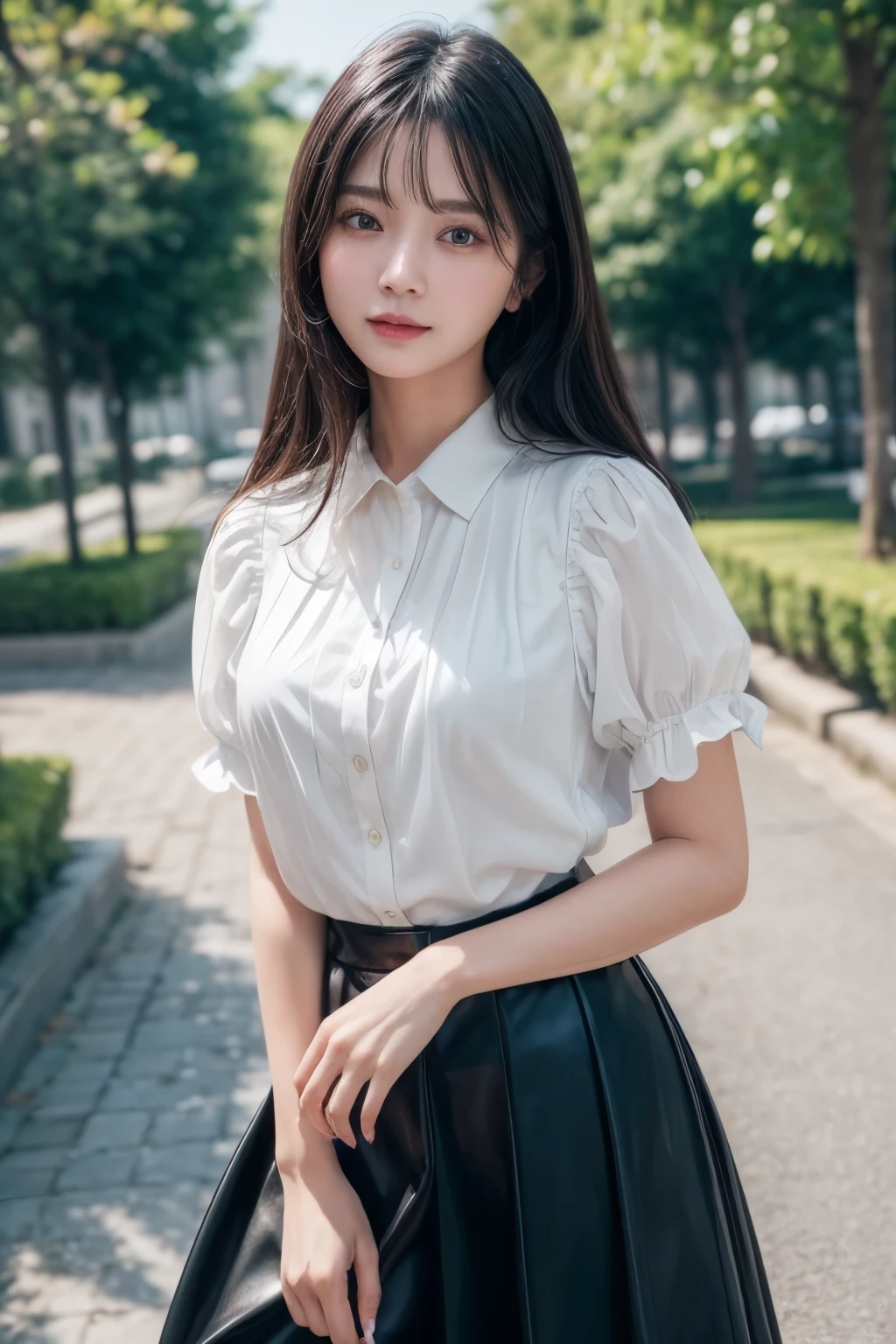 ((Best image quality、8K、masterpiece:1.3))、Realistic high-quality photos、Highest quality、Beautiful and graceful face and eyes、Black Hair、Shiny Hair、 OL、Wearing a short-sleeved blouse、Wear a long skirt、Full Body Shot.