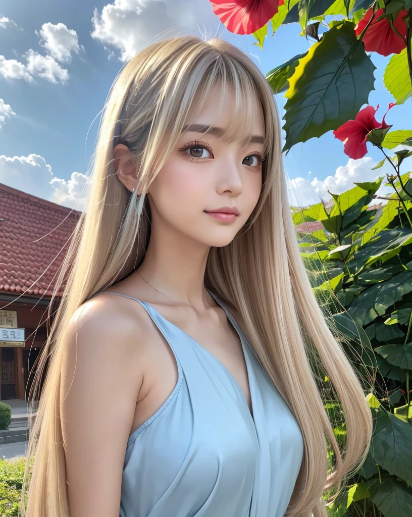 (Highest quality, 32k, High resolution, Masterpiece:1.5, ), marimo_jet, god々A photograph with brilliant dazzling and healing power., Evoking a sense of calm and elusive beauty, Expressing emotions, Have a rich imagination,Beautiful Japanese Girls, An exceptionally beautiful face, ((Full body shot from the side:1.4)), Small Face Beauty, Perfect Human Anatomy, Magical big eyes, Motherhood and generosity, Deep Love, A fleeting smile, ((Shiny ash beige hair:1.4)), Super Long Straight Silk Hair, Asymmetrical bangs, Hair between the eyes, Transparent, soft white skin, Sharp eyebrows, Thin lashes, Natural Makeup, Cheek highlighter, Pale pink detailed lips, ((Light blue thin camisole:1.3)), High resolutionの完璧な鎖骨, High resolutionの美しい胸元, Slim figure with ample breasts, High resolutionの美しい太もも, ((Detailed blue sky and clouds in summer:1.2)), ((Beautiful Hibiscus:1.3)), Professional Lighting, Professional photographer, Professional models, god秘的