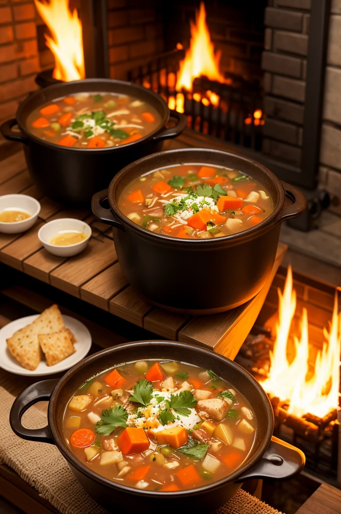 Delicious soup and fire in the heater