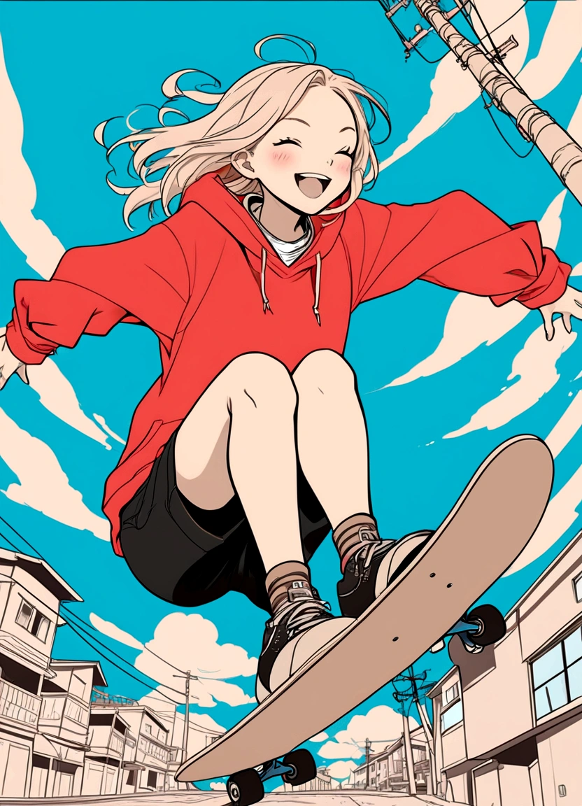 Create an anime-style illustration of a boy skateboarding in mid-air. The boy should have a joyful expression, blonde hair, and be wearing a red hoodie with black shorts, similar to the girl in the reference image. The background should feature a clear blue sky with some clouds, utility poles, and buildings in a light, sketchy style. Maintain the overall color palette and energetic feel of the original image."