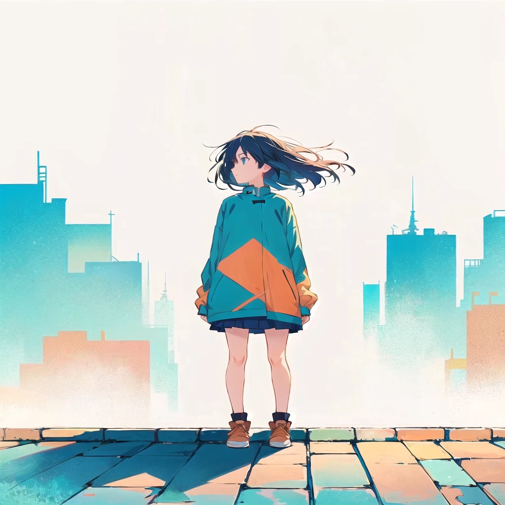 Anime girl standing on a brick sidewalk looking out at the city, Atei Gailan Style, Conrad Rothe and Makoto Shinkai, inspired By Atey Gairan, Atei Gailan 8K, By Atey Gairan, by Kamisaka Sekka, Anime Style 4k, flat anime style, In the style of Makoto Shinkai