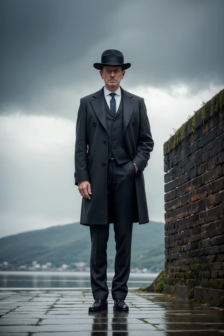 (8K, masterpiece photo, ultra realistic photo), magritte pose, front close portrait, 1man, both arms alongside the body, (standing straight in the middle of the photo:1.8), standing in front of a low wall, looking viewer, symmetrical pose, facing the photographer, in front of the viewer, wearing an overcoat, white shirt, red tie, wearing a round bowler hat, cloudy grey sky