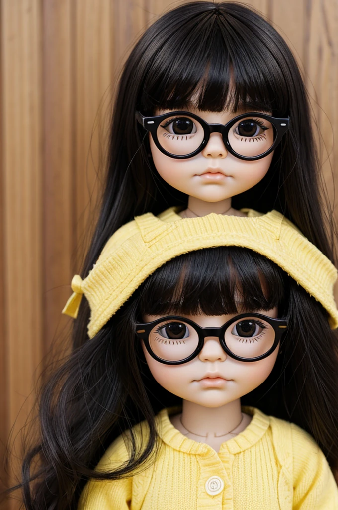 generate me a image of a  Blythe doll with black heavy long hair, dark brown eyes, with not thick bangs and a side part with yellow glasses, and close up
