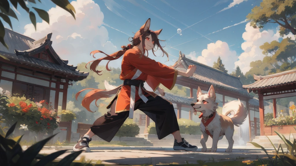 The best move,Highest quality,(masterpiece,Ultra-detailed 8K art,figure),Kung Fu, (Human face, 1 Girl,drooping ears dog),Outdoor, Chinese clothing,orange long hair, (orange drooping ears),(drooping ears:1.2), Orange tail, Red eyes,garden, Look up at the sky and BREAK your smile,(whole body), Kung Fu shoes