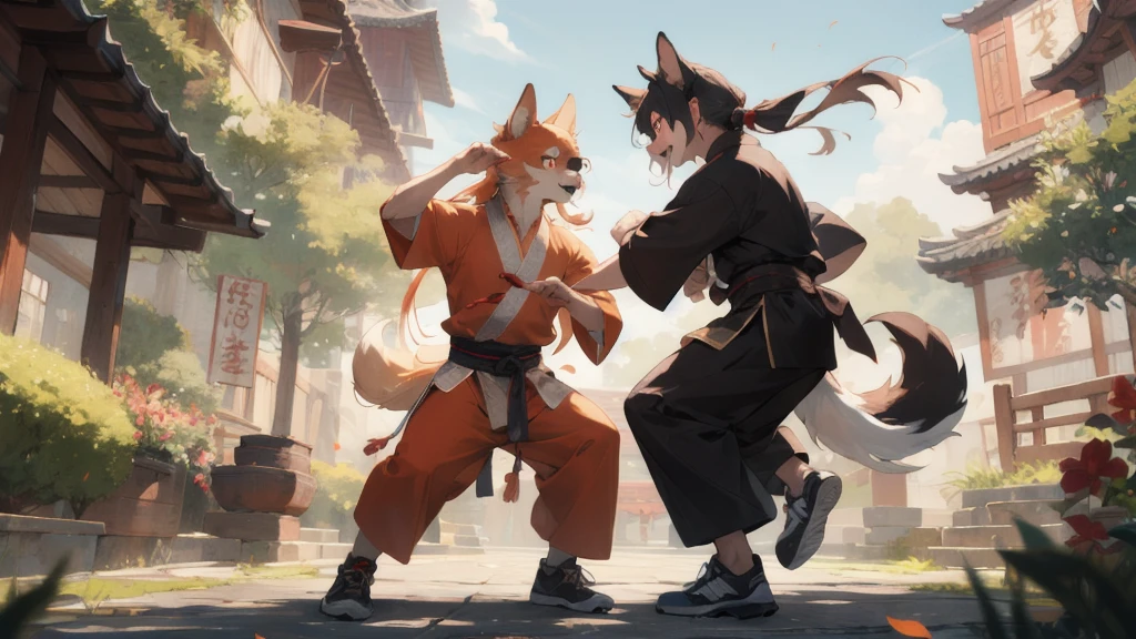 The best move,Highest quality,(masterpiece,Ultra-detailed 8K art,figure),Kung Fu, (Human face, 1 Girl,drooping ears dog),Outdoor, Chinese clothing,orange long hair, (orange drooping ears),(drooping ears:1.2), Orange tail, Red eyes,garden, Look up at the sky and BREAK your smile,(whole body), Kung Fu shoes