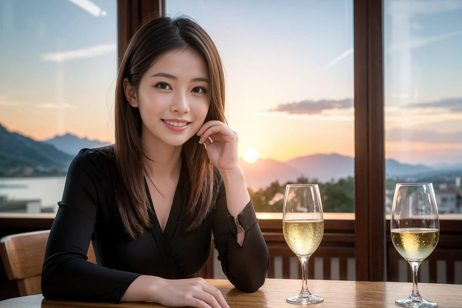 ((Highest quality、8K、masterpiece:1.3))、1 male、1 woman who resembles Satomi Ishihara、Couple、spouse、Couple、The body is slim、((Bob Hale、Straight hair:1.2)), (Realistic, Intricate details:1.2), テーブルの上のwine glass、Shine light on your face、 Amazing view of the sunset sky and clouds、Amazing mountain views、A bright smile、The wonderfulness of smile、Bright image、The beauty of wine, Beautiful Face, blue eyes, The light shines on your face, Blushing, short hair,Bright Face、42 years old), 39 years old, red wine 、Appetizers、Italian food、Wine bottle、Champagne、sparkling wine、Two beauties、Brown Hair、Shortcuts、Long sleeve shirt、dress、Beautiful woman 1, (slimな顔), (The body is slim), (Brown Hair), (Shortcuts), cheeks turn a little red,Attractive beauty、restaurant, In a prominent place (From the waist up) Nova Frog Style, actress, model, Upper Body, White wine, slim, wine glass, 中央に置かれたwine glass, smile, (smile: 1.15), Beautiful fine grain, Depth f/2,saturation, High Contrast, Strong light and shadow,Moist Body:1.5、3D texture、Delicate eyes、Brown Hair、The hair is very shiny、